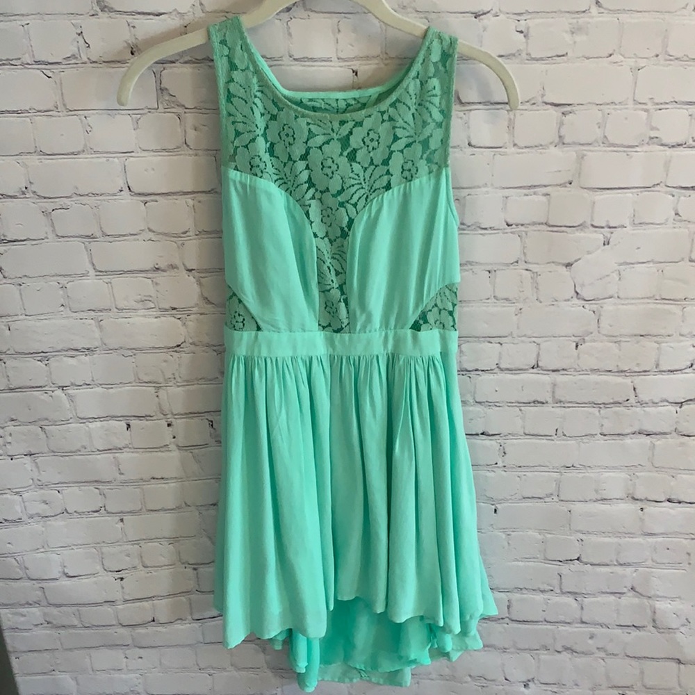 BCBGeneration Teal lace dress, open back, flowy